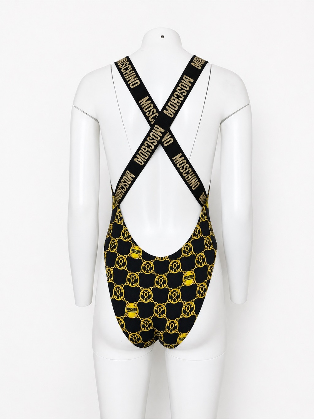Moschino Women’s S Black Gold Chain Print One Piece Swimsuit Logo Strap - Picture 2 of 5